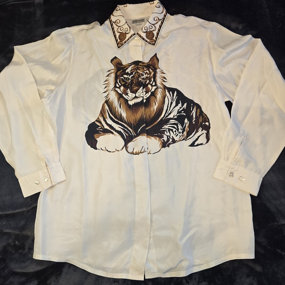 Reflections Images of You 100% Silk Tiger Print Button Down Women's Shirt Size S